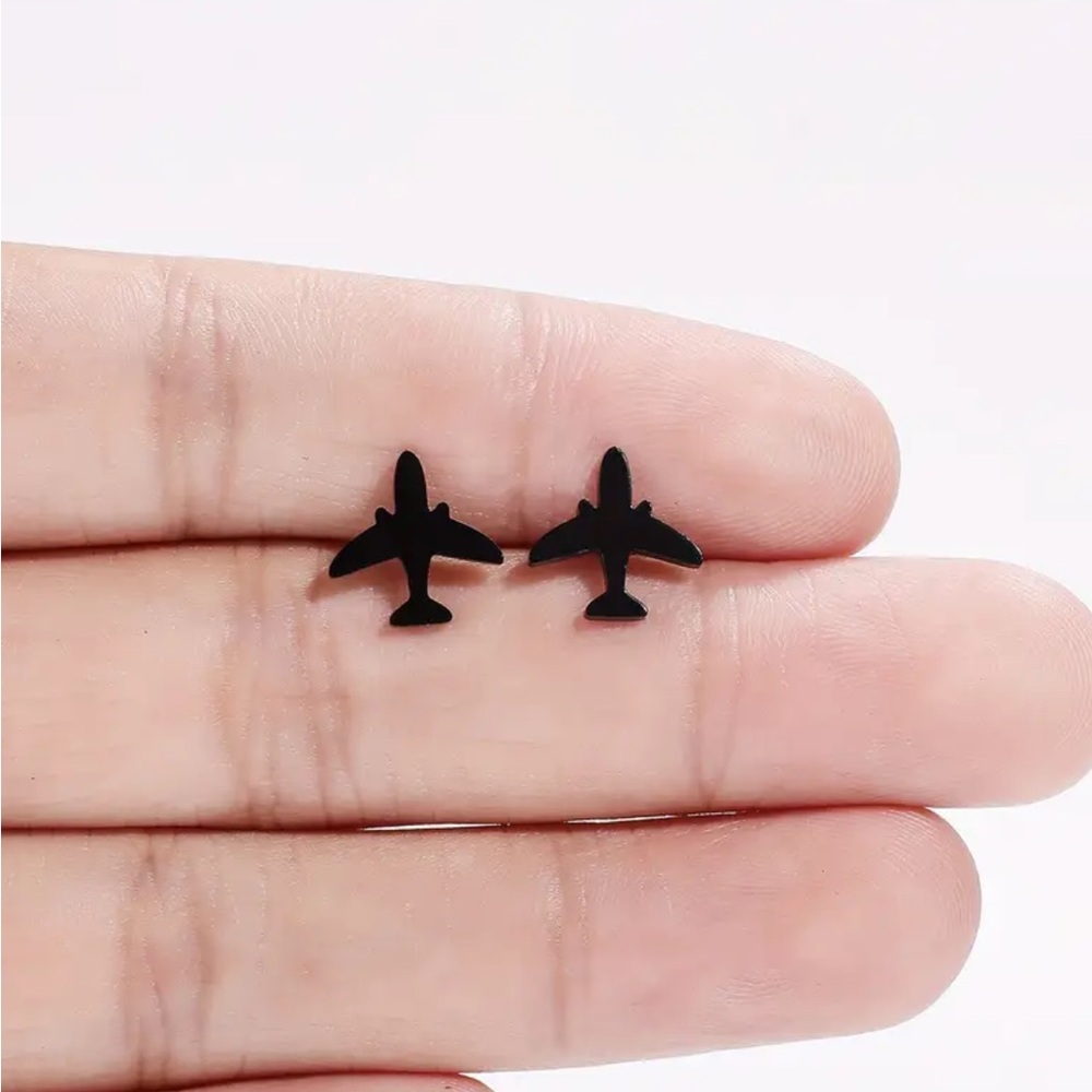 Black Stainless Steel Airplane Stud Earrings